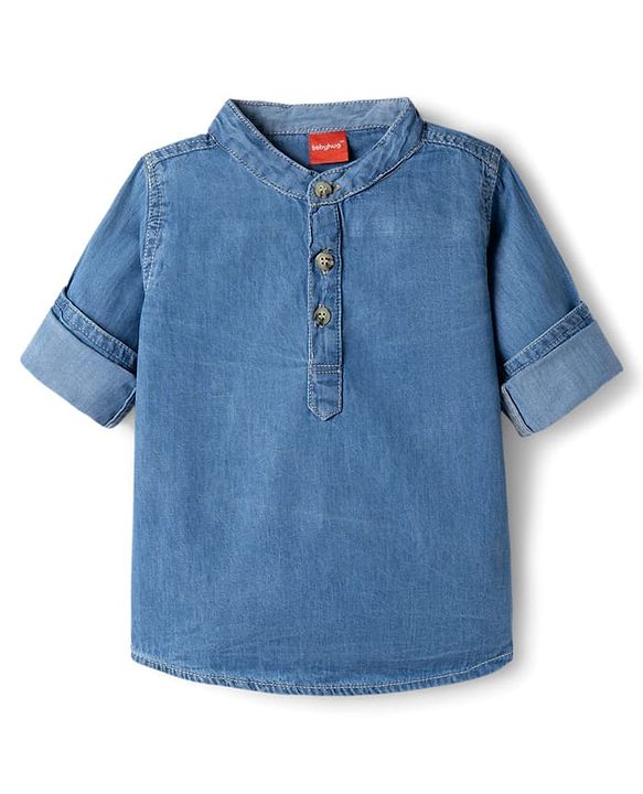 Babyhug Cotton Woven Shirt Full Sleeve Mandarin Collar Blue 0-3 Months