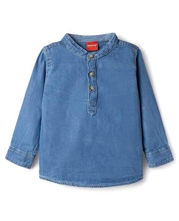 Babyhug Cotton Woven Shirt Full Sleeve Mandarin Collar Blue 0-3 Months