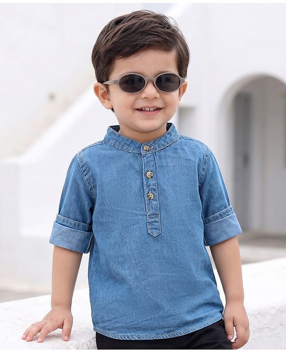 Babyhug Cotton Woven Shirt Full Sleeve Mandarin Collar Blue 0-3 Months