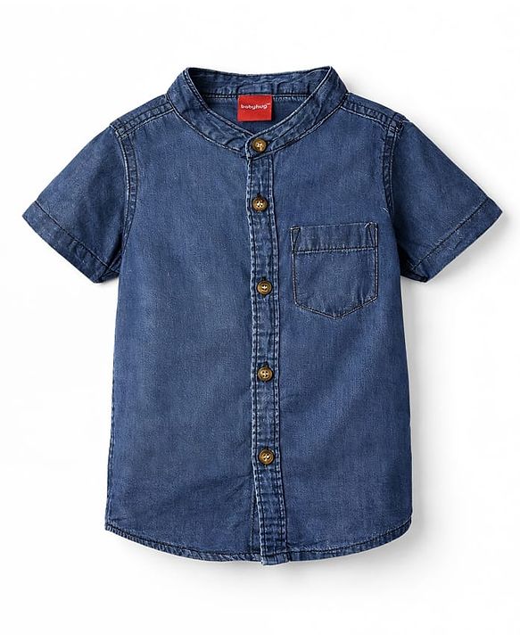Babyhug Cotton Woven Washed Shirt Half Sleeves Mandarin Collar Blue 0-3 Months