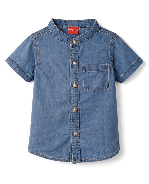 Babyhug Cotton Woven Shirt Half Sleeve Mandarin Collar Blue 0-3 Months