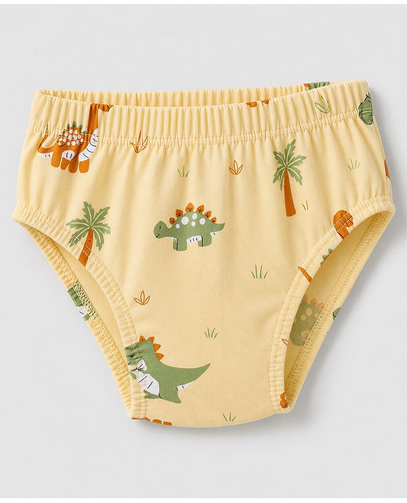 Babyhug 100% Cotton Single Jersey Knit Striped Briefs With Dino Printed Pack of 3 - Olive & Cream & Yellow