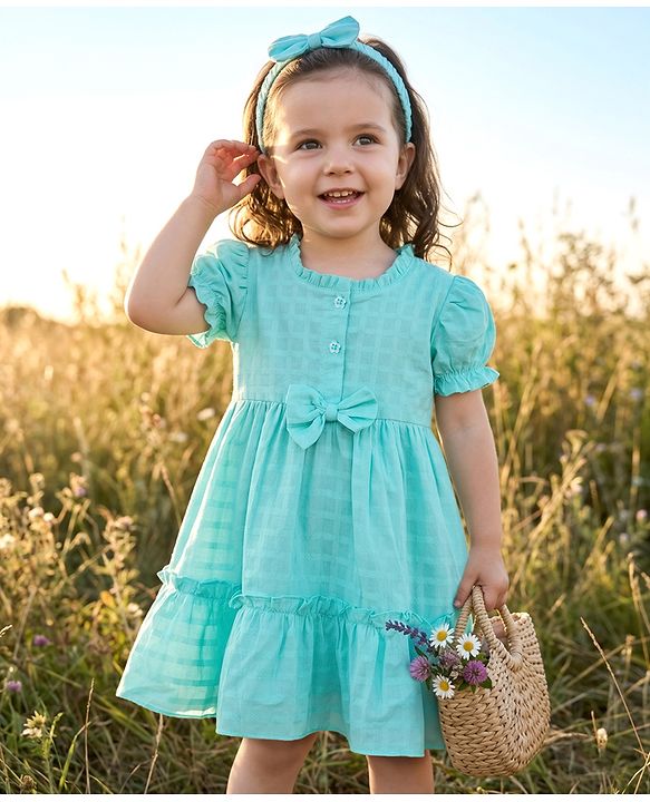 Babyhug Cotton Woven Half Puffed Sleeves Solid Colour Tiered Frock with Headband & Bow Applique - Light Blue