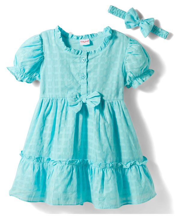 Babyhug Cotton Woven Half Puffed Sleeves Solid Colour Tiered Frock with Headband & Bow Applique - Light Blue