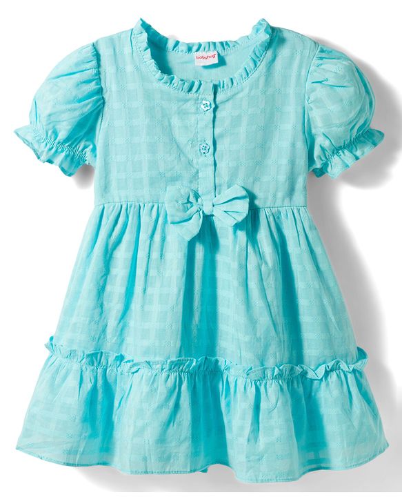 Babyhug Cotton Woven Half Puffed Sleeves Solid Colour Tiered Frock with Headband & Bow Applique - Light Blue