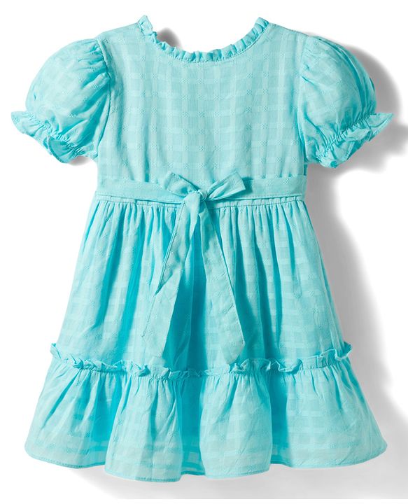 Babyhug Cotton Woven Half Puffed Sleeves Solid Colour Tiered Frock with Headband & Bow Applique - Light Blue