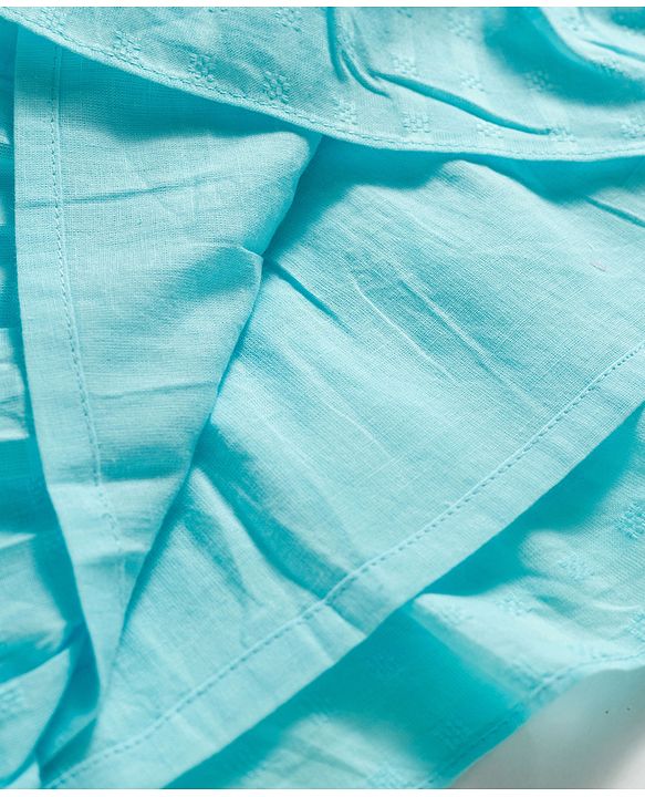 Babyhug Cotton Woven Half Puffed Sleeves Solid Colour Tiered Frock with Headband & Bow Applique - Light Blue