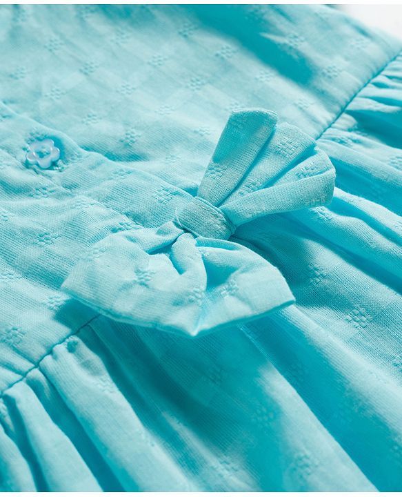 Babyhug Cotton Woven Half Puffed Sleeves Solid Colour Tiered Frock with Headband & Bow Applique - Light Blue