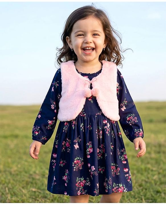 Babyhug Twill Woven Full Sleeves Floral Printed Frock with Jacket - Navy Blue