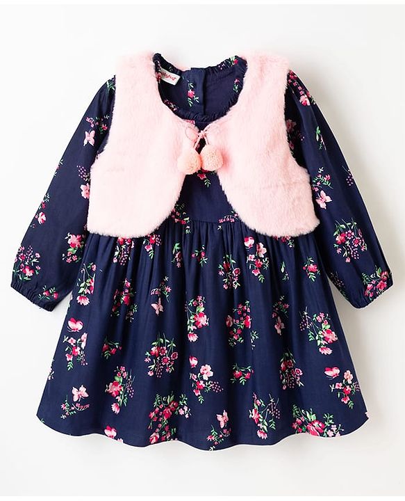 Babyhug Twill Woven Full Sleeves Floral Printed Frock with Jacket - Navy Blue