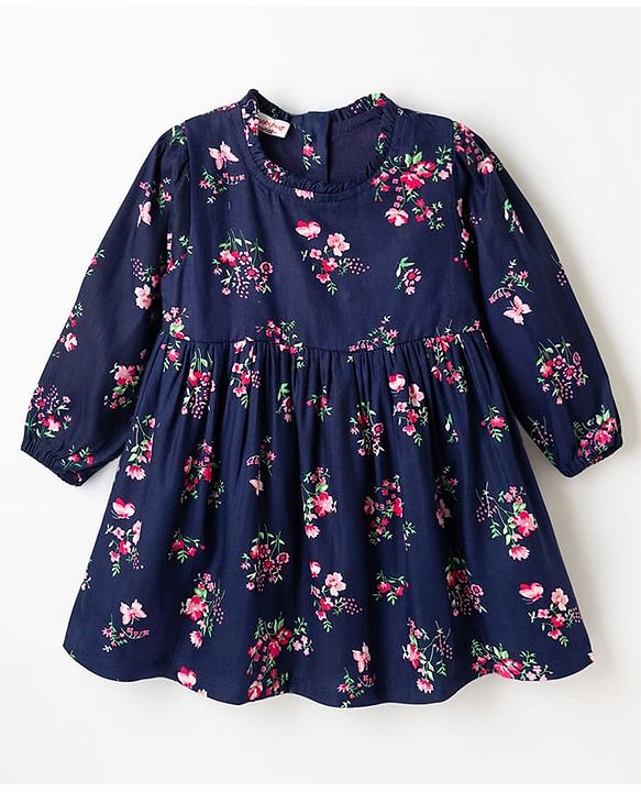 Babyhug Twill Woven Full Sleeves Floral Printed Frock with Jacket - Navy Blue