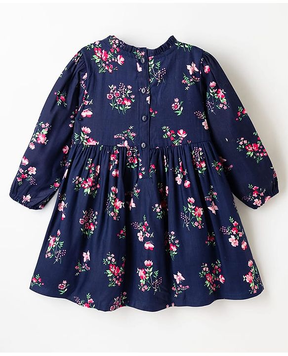 Babyhug Twill Woven Full Sleeves Floral Printed Frock with Jacket - Navy Blue