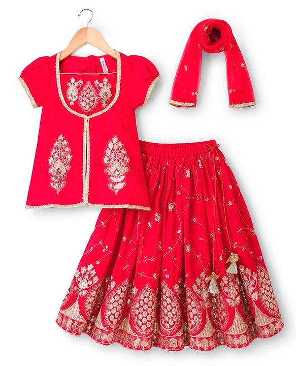 Babyhug Georgette Woven Half Sleeves Lehenga Choli Set With Chinnon Embroidery & Dupatta - Red