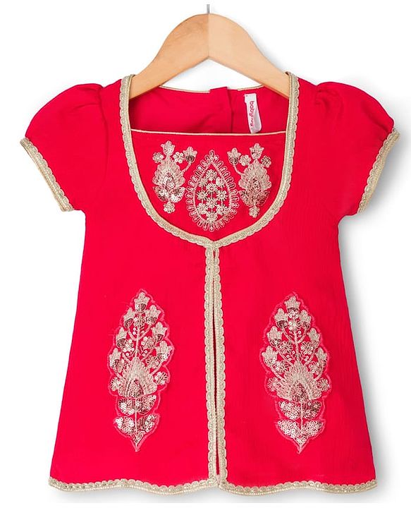 Babyhug Georgette Woven Half Sleeves Lehenga Choli Set With Chinnon Embroidery & Dupatta - Red