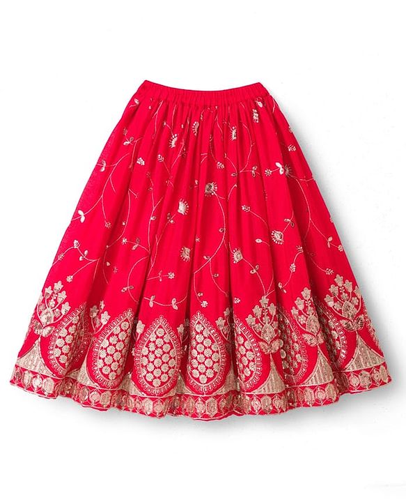 Babyhug Georgette Woven Half Sleeves Lehenga Choli Set With Chinnon Embroidery & Dupatta - Red