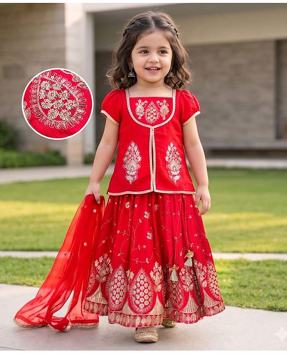 Babyhug Georgette Woven Half Sleeves Lehenga Choli Set With Chinnon Embroidery & Dupatta - Red