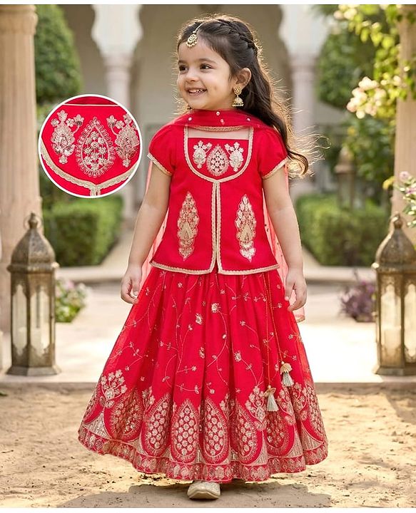 Babyhug Georgette Woven Half Sleeves Lehenga Choli Set With Chinnon Embroidery & Dupatta - Red