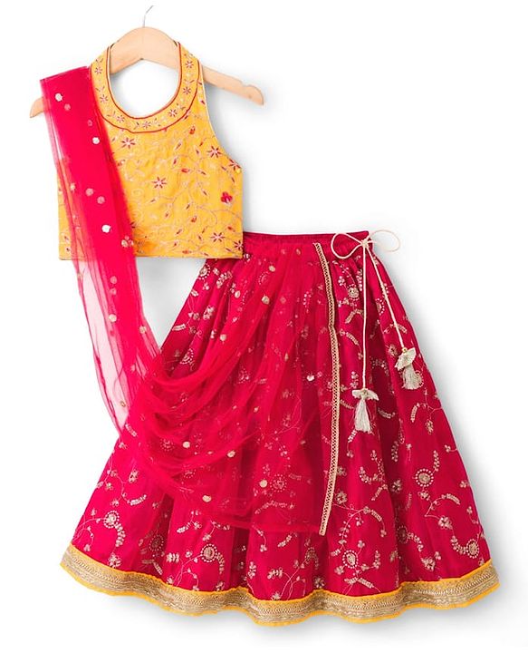 Babyhug Georgette Woven Sleeveless Choli Lehenga Set With Floral Embroidery & Dupatta - Pink