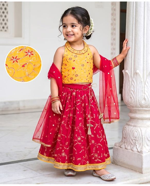 Babyhug Georgette Woven Sleeveless Choli Lehenga Set With Floral Embroidery & Dupatta - Pink