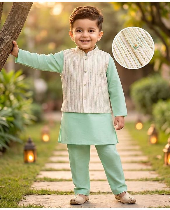 Babyhug Cotton Blend Woven Full Sleeves Solid Kurta Pyjama Set With Embroidered Jacket -light Green