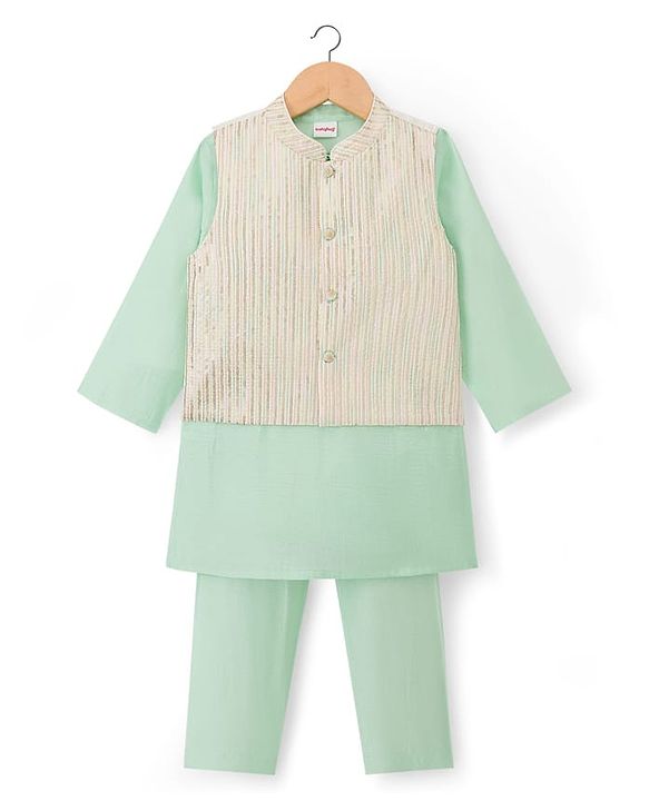 Babyhug Cotton Blend Woven Full Sleeves Solid Kurta Pyjama Set With Embroidered Jacket -light Green