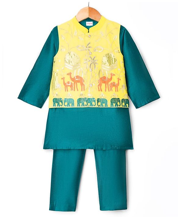 Babyhug Cotton Blend Woven Full Sleeves Kurta Pajama Set with Jacket & Jungle Theme Embroidery - Green