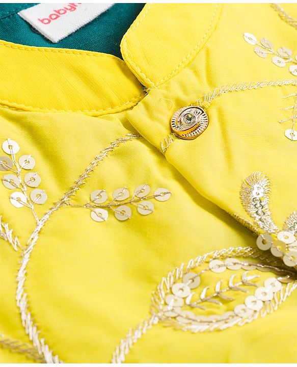Babyhug Cotton Blend Woven Full Sleeves Kurta Pajama Set with Jacket & Jungle Theme Embroidery - Green