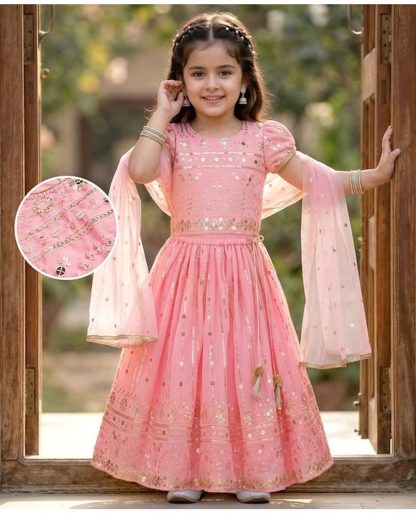 Babyhug Georgette Woven Half Sleeves Sequined Embroidered Choli Lenhenga Set with Dupatta & Lace Detailing - Pink