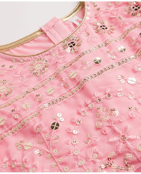 Babyhug Georgette Woven Half Sleeves Sequined Embroidered Choli Lenhenga Set with Dupatta & Lace Detailing - Pink