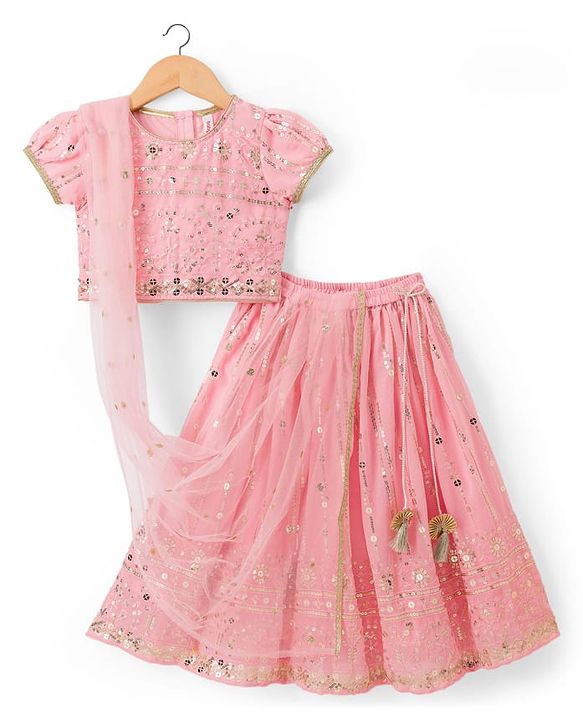 Babyhug Georgette Woven Half Sleeves Sequined Embroidered Choli Lenhenga Set with Dupatta & Lace Detailing - Pink