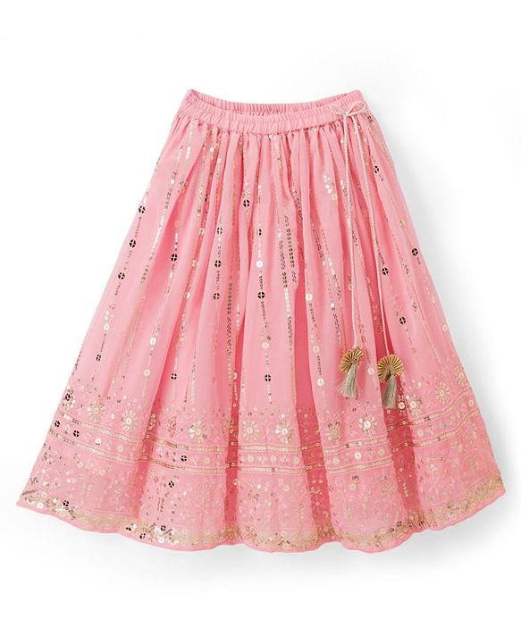 Babyhug Georgette Woven Half Sleeves Sequined Embroidered Choli Lenhenga Set with Dupatta & Lace Detailing - Pink
