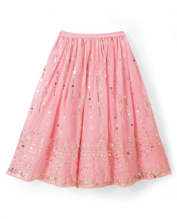 Babyhug Georgette Woven Half Sleeves Sequined Embroidered Choli Lenhenga Set with Dupatta & Lace Detailing - Pink
