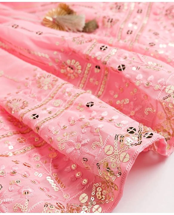 Babyhug Georgette Woven Half Sleeves Sequined Embroidered Choli Lenhenga Set with Dupatta & Lace Detailing - Pink