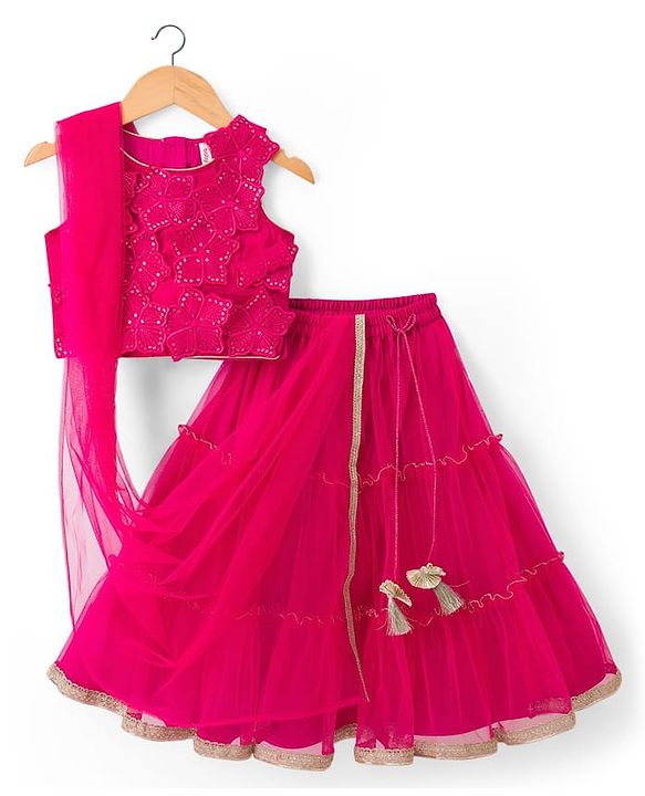 Babyhug Net Woven Sleeveless Embellished Choli & Tiered Lehenga Dupatta Set with Sequin Detailing & Floral Applique - Pink