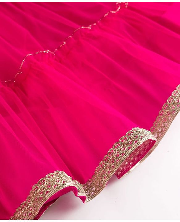 Babyhug Net Woven Sleeveless Embellished Choli & Tiered Lehenga Dupatta Set with Sequin Detailing & Floral Applique - Pink