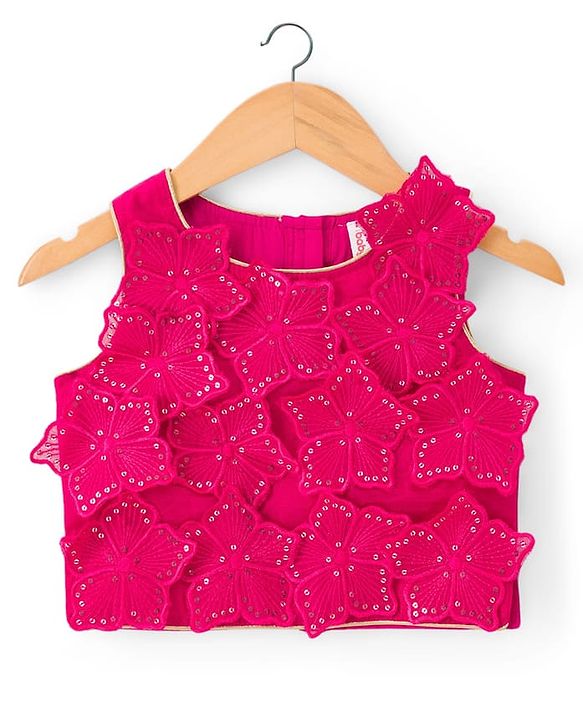 Babyhug Net Woven Sleeveless Embellished Choli & Tiered Lehenga Dupatta Set with Sequin Detailing & Floral Applique - Pink