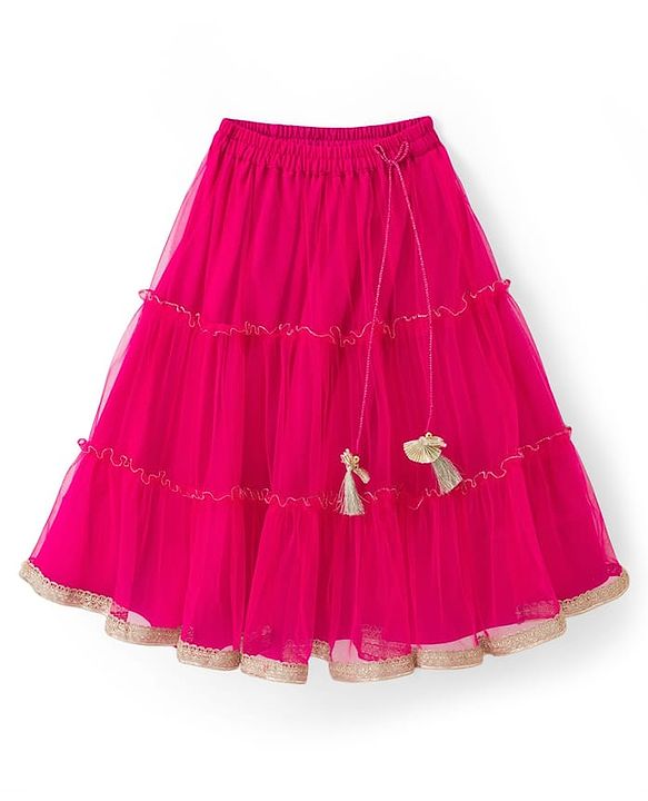 Babyhug Net Woven Sleeveless Embellished Choli & Tiered Lehenga Dupatta Set with Sequin Detailing & Floral Applique - Pink