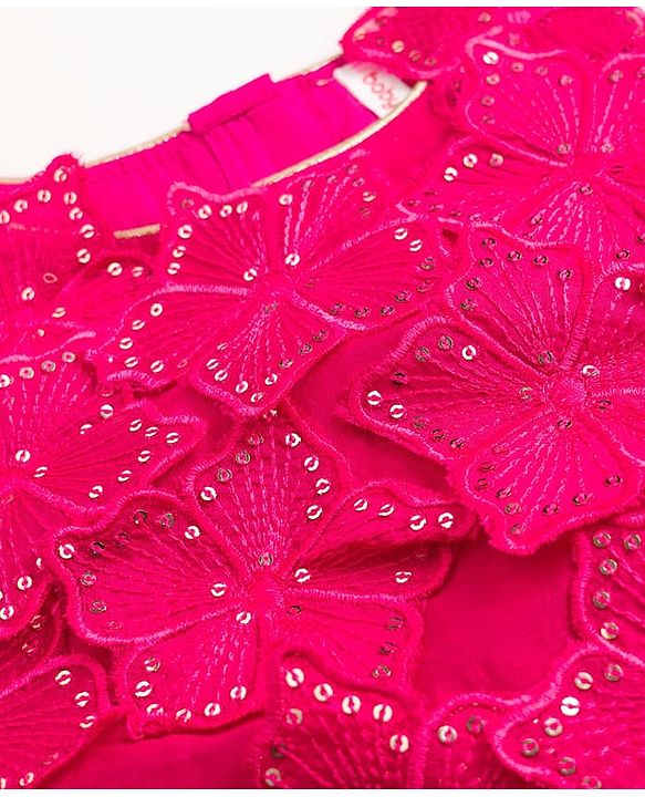 Babyhug Net Woven Sleeveless Embellished Choli & Tiered Lehenga Dupatta Set with Sequin Detailing & Floral Applique - Pink