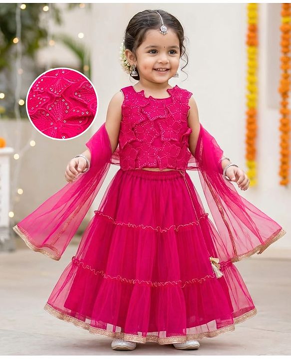 Babyhug Net Woven Sleeveless Embellished Choli & Tiered Lehenga Dupatta Set with Sequin Detailing & Floral Applique - Pink