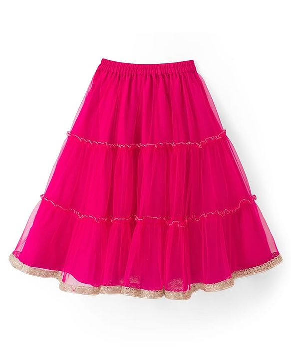 Babyhug Net Woven Sleeveless Embellished Choli & Tiered Lehenga Dupatta Set with Sequin Detailing & Floral Applique - Pink