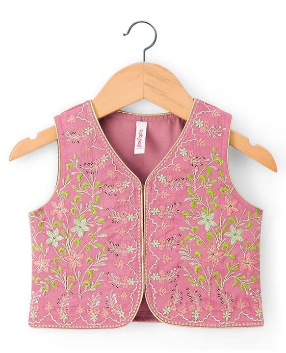 Babyhug Net Woven Sleeveless Floral Embroidered Choli Lehenga Set with Dupatta & Sequin Detailing - Limegreen & Fuschia