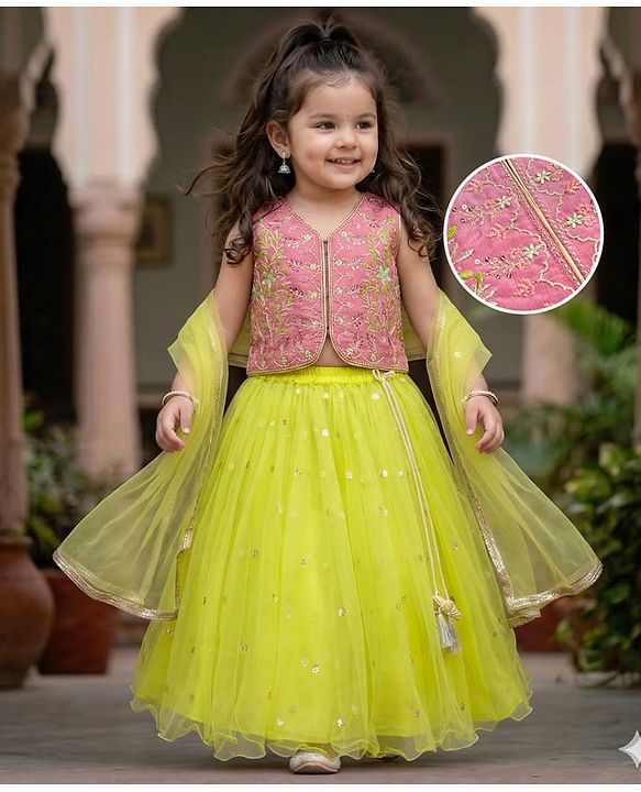 Babyhug Net Woven Sleeveless Floral Embroidered Choli Lehenga Set with Dupatta & Sequin Detailing - Limegreen & Fuschia