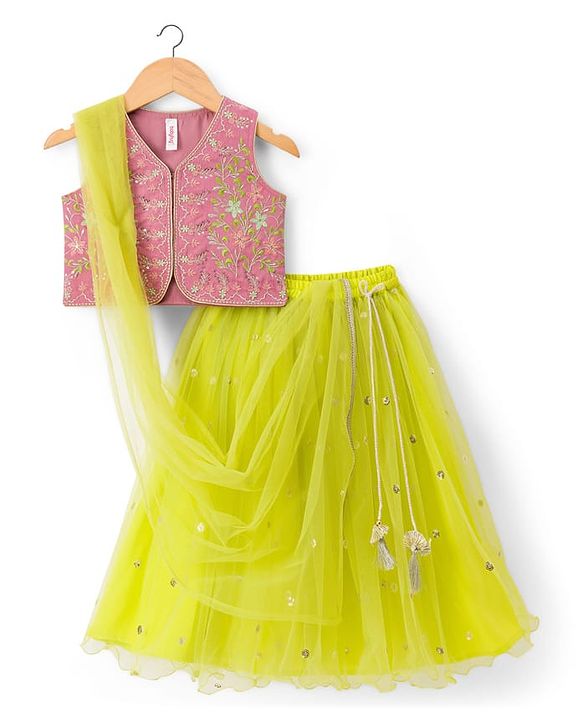 Babyhug Net Woven Sleeveless Floral Embroidered Choli Lehenga Set with Dupatta & Sequin Detailing - Limegreen & Fuschia