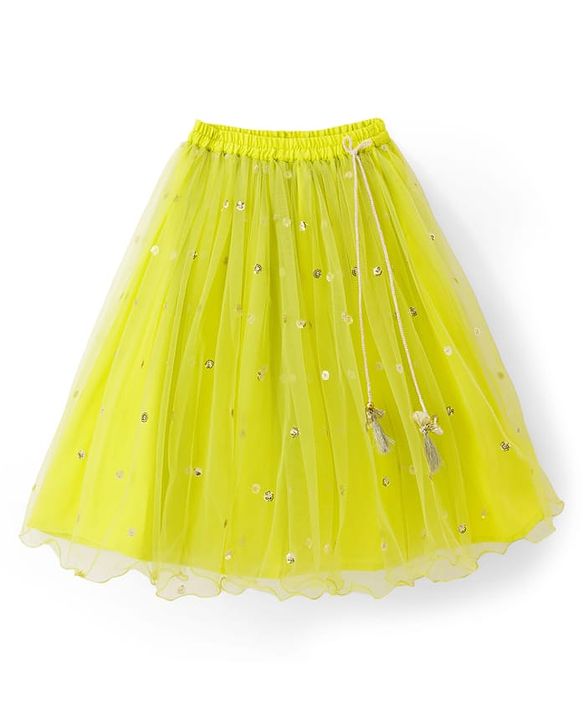 Babyhug Net Woven Sleeveless Floral Embroidered Choli Lehenga Set with Dupatta & Sequin Detailing - Limegreen & Fuschia