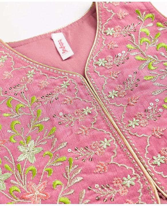 Babyhug Net Woven Sleeveless Floral Embroidered Choli Lehenga Set with Dupatta & Sequin Detailing - Limegreen & Fuschia