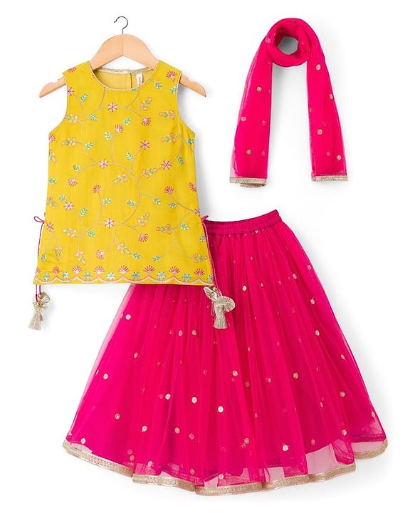 Babyhug Net Woven Sleeveless Chanderi Embroidered Long Choli With Net Lehenga and Dupatta Set- Fuchsia & Lime Green