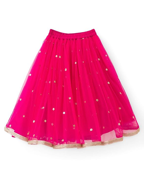 Babyhug Net Woven Sleeveless Chanderi Embroidered Long Choli With Net Lehenga and Dupatta Set- Fuchsia & Lime Green