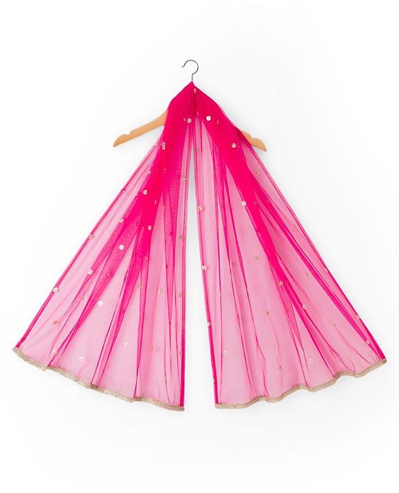 Babyhug Net Woven Sleeveless Chanderi Embroidered Long Choli With Net Lehenga and Dupatta Set- Fuchsia & Lime Green