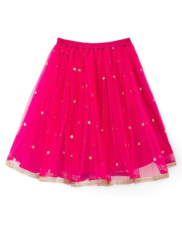 Babyhug Net Woven Sleeveless Chanderi Embroidered Long Choli With Net Lehenga and Dupatta Set- Fuchsia & Lime Green