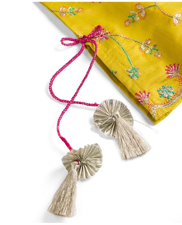 Babyhug Net Woven Sleeveless Chanderi Embroidered Long Choli With Net Lehenga and Dupatta Set- Fuchsia & Lime Green